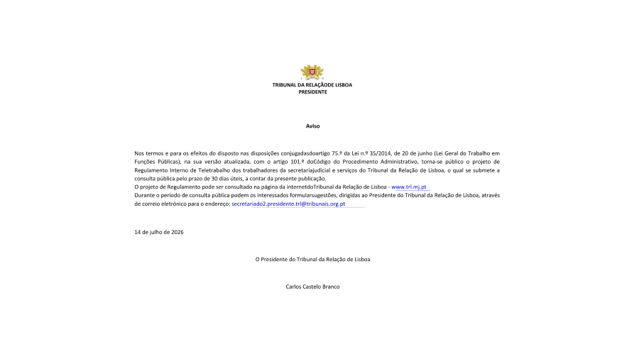 AVISO – CONSULTA PÚBLICA – PROJETO DE REGULAMENTO DE TELETRABALHO DO TRL
